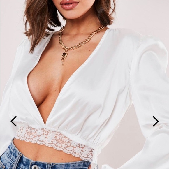 Missguided white satin lace deep plunge crop top size 4 - Picture 6 of 8